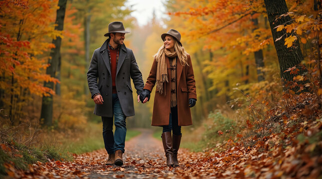 White couple in 20s and 30s holding hands while walking on autumn forest path. Man and woman in wool coats and fedora hats on romantic walk among yellow trees. Concept of romance and nature.
