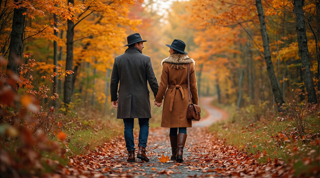 White couple in coats and hats holding hands while walking away on trail covered in autumn leaves. Rear view of adult man and woman in 30s in forest. Concept of autumn travel and companionship.