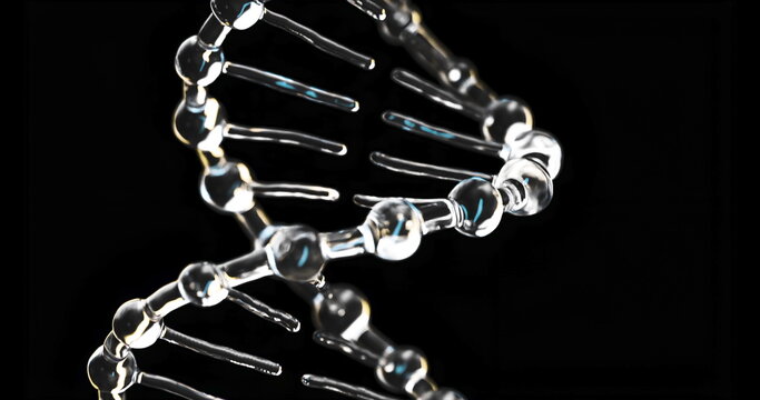 Futuristic Clean and Clear Molecular Helix Made of Glass with a Blue Glow, Appearing and Rotating on a Black Background.