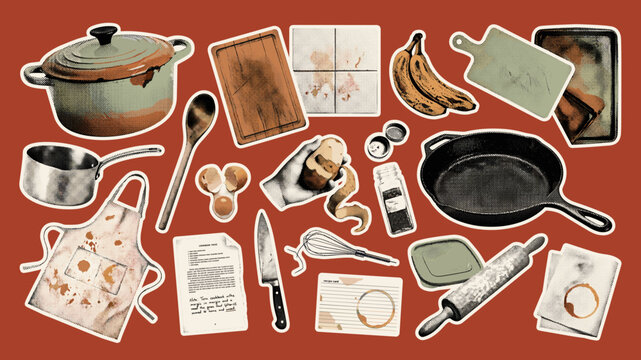 Vintage kitchen cooking sticker set, rustic culinary tools and food ingredients vector, retro chef equipment collection on terracotta background