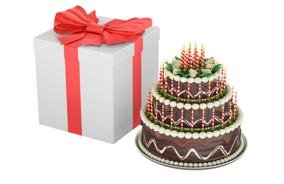Birthday cake with candles and gift box for celebration. 3D rendering