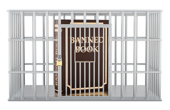 Banned book locked inside prison cage, censorship concept. 3D rendering
