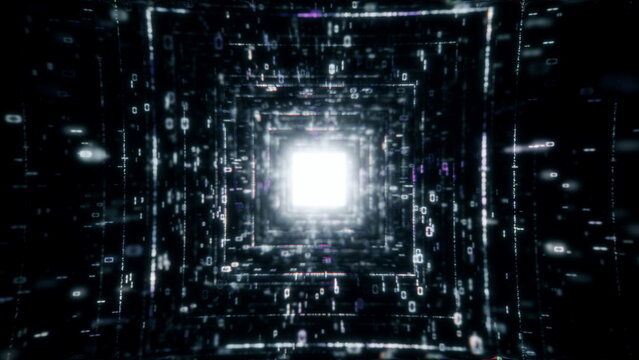 Blue neon digital tunnel of binary code flowing endlessly