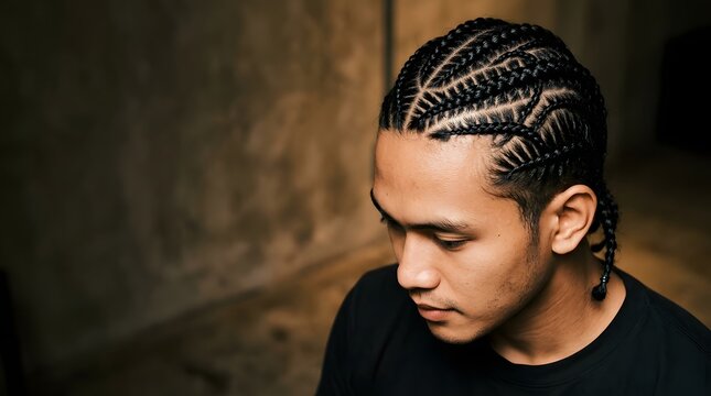 Top view young Asian man with intricate braided cornrows hairstyle wearing black shirt indoor