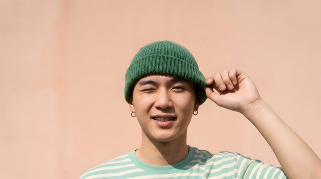 Cool Playful Asian Young Man Winking and Adjusting Green Beanie Hat Outdoors on Pink Background
