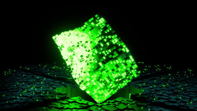 Digital data cube morphing rotating geometric shape loop 3D render