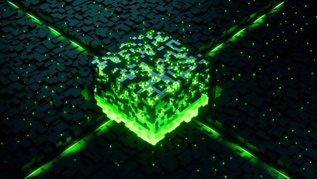 Digital core block assembling glowing green data cubes 3D render