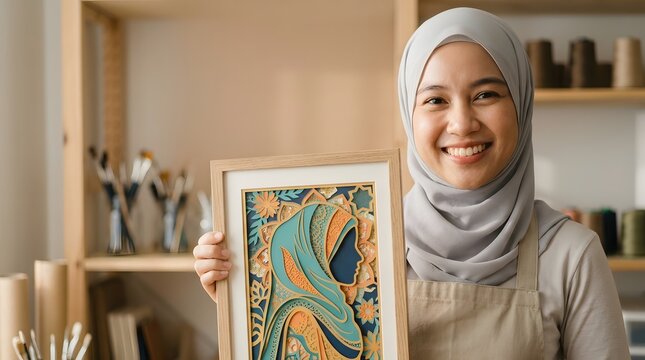 Smiling Asian Muslim female artist in grey hijab showing framed papercut artwork in craft studio