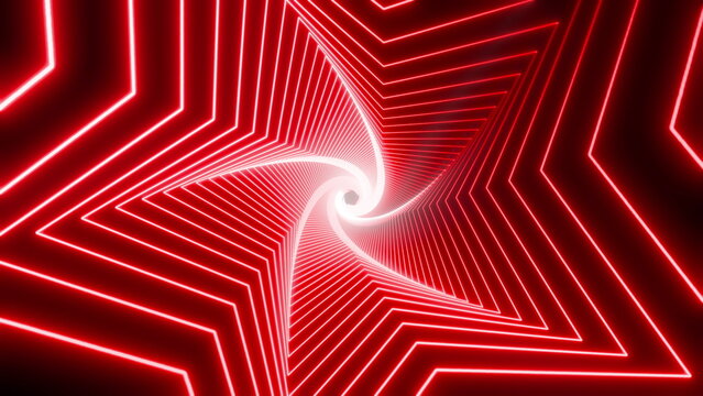Abstract disco vj club seamless red looped animation of neon, glowing light tubes, lasers and lines bouncing around and moving forward within a dark tunnel with fog and particles.