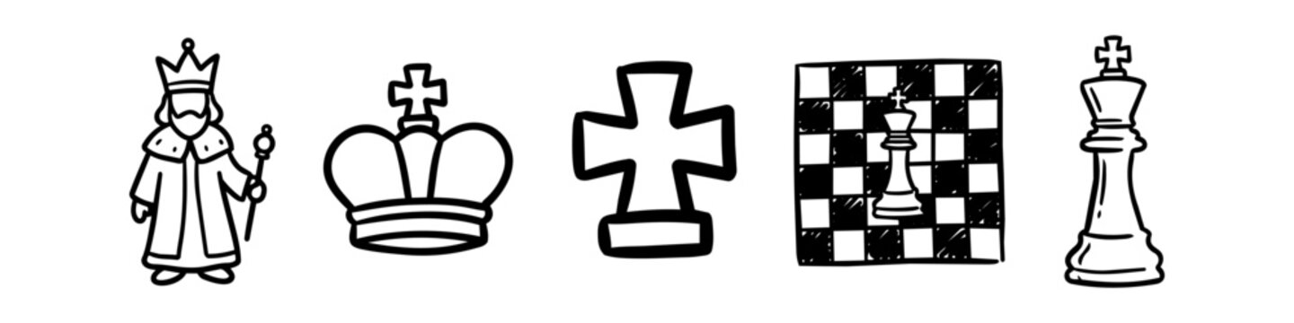 Set of hand-drawn chess and royalty icons featuring a king character, crown, cross, chessboard, and chess king piece in a minimalist doodle style. Black line art on a white background.
