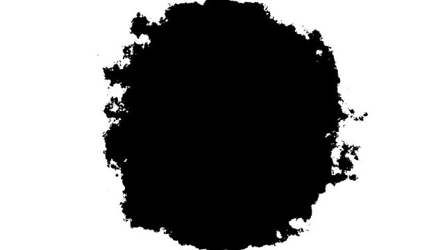 Organic black ink drop bleed animation on white background, 4k splash transition, dynamic energy burst, watercolor paint spreads, grunge texture, brush stroke and seamless loop,