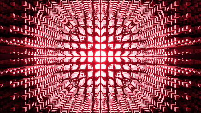 An intense red hi tech background with a powerful moving wall of boxes creating an energetic wave perfect for urgent alerts or news a 3d render