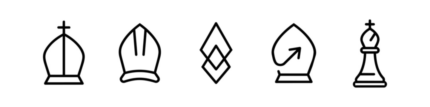 Set of five minimalist black line icons featuring various bishop's mitre hats and a chess bishop piece, representing religion, clergy, strategy, and leadership on a white background.
