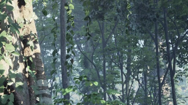 Bright light shines through tree leaves in a forest. The scene shows tall trunks and lush green foliage. It is morning and nature is alive with sound.