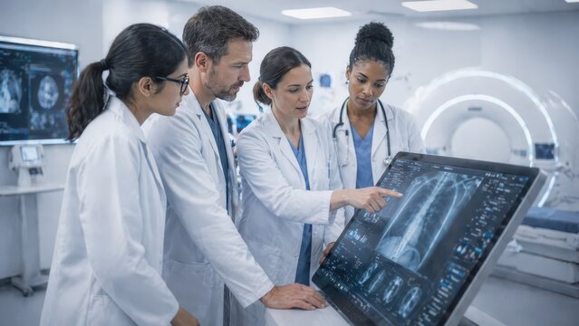 A multinational team of doctors analyzes a digital medical scan on a large touchscreen in a modern radiology department. Artificial intelligence in healthcare, diagnostic imaging, medical technology