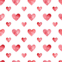 Fototapeta premium Seamless pattern with watercolor pink hearts on white background