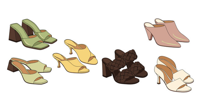 Set of women mules and slip-on sandals with heels in green, yellow, brown, and beige, isolated on a white background
