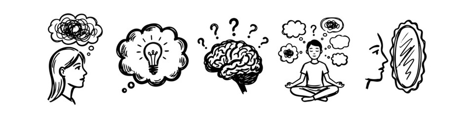 Fototapeta premium A series of hand-drawn sketches illustrating mental health, mindfulness, and cognitive processes like thinking, self-reflection, and problem-solving. Black ink doodles on white background.