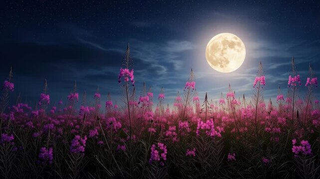 Full moon over a field of pink flowers at night