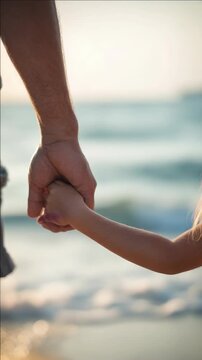 Adult and Child Holding Hands on a Beach at Sunset