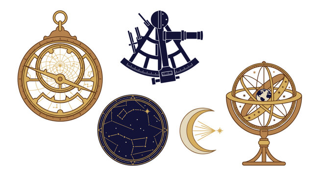 Set of vintage navigation and astronomy tools including astrolabe, sextant, armillary sphere, moon phase, and star constellation chart