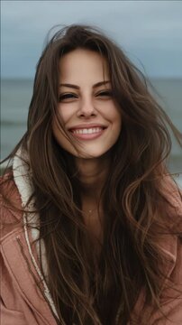 Smiling young woman with long hair at the beach