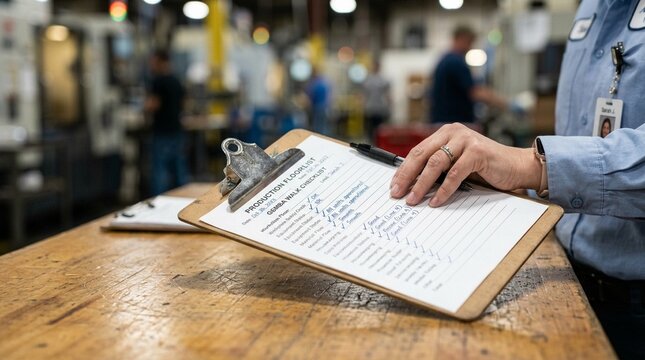 Hand placing a checklist clipboard on a desk after completing a gemba walk