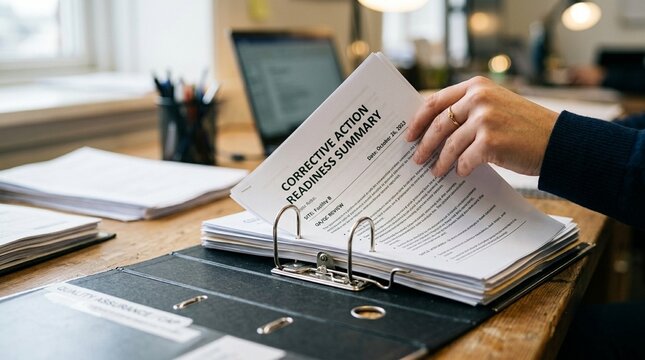 Hand placing a completed root cause analysis report into a binder