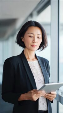 Professional Asian Woman Reviewing Information on a Tablet in a Modern Office