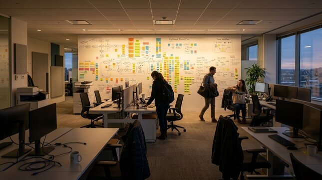 Quiet process mapping office at the end of the day with lights dimmed