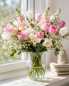 Spring Flower Bouquet with Pink Tulips and Ranunculus in Sunlit Home Interior