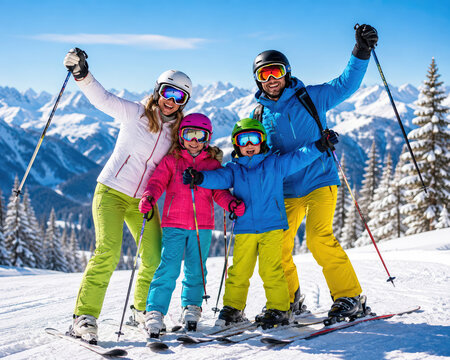 Happy Family Skiing Together on Snowy Mountain Resort