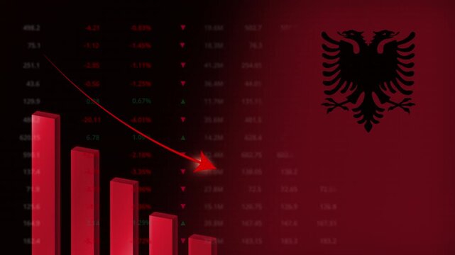 Economic crisis in Albania concept background.Red falling graph animation with Albanian flag.Stock market crash
