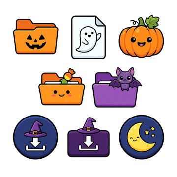 Cute Halloween folder icons and spooky kawaii stickers for digital interface design.
