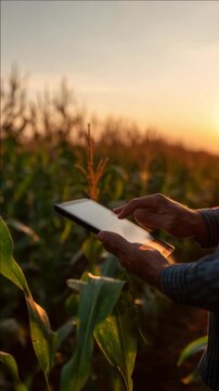 Farmer Using Tablet for Smart Agriculture in a Cornfield at Sunset