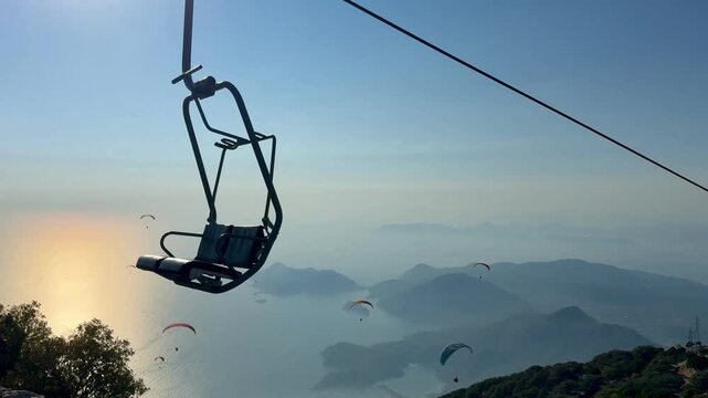 Cable cars used for transportation on Babadağ Mountain. 4k video, Fethiye, Muğla, Turkey.