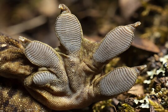 Extreme macro close-up of the underside of a gecko foot showing the intricate subdigital lamellae and microscopic setae used for climbing