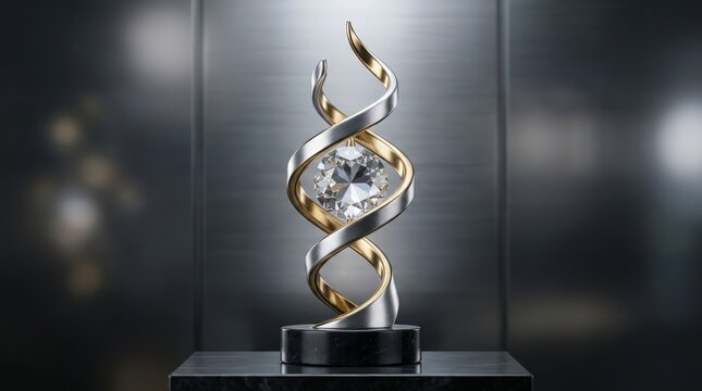 Abstract DNA Trophy Award: A sleek, modern trophy featuring a DNA helix design intertwined with gold and silver accents, centered around a brilliant diamond, presented on a dark, reflective pedestal.