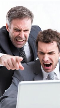 Angry business professionals shouting and arguing over a laptop