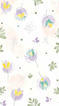Seamless Watercolor Floral Pattern with Pastel Botanical Elements