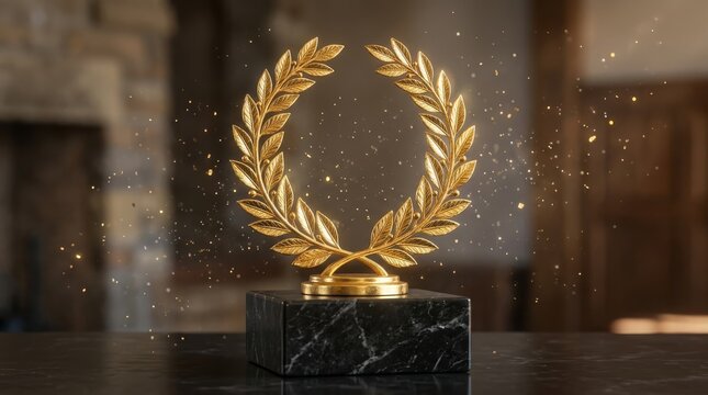 Golden Laurel Wreath Trophy: A magnificent golden laurel wreath trophy, symbolizing achievement and victory, rests on a dark marble pedestal, adorned with sparkling particles and a soft, ambient glow.
