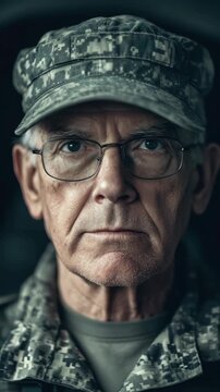 Close-up of a Serious Elderly Man in Military Camouflage Uniform