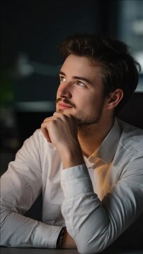 Thoughtful young man in white shirt looking up while contemplating