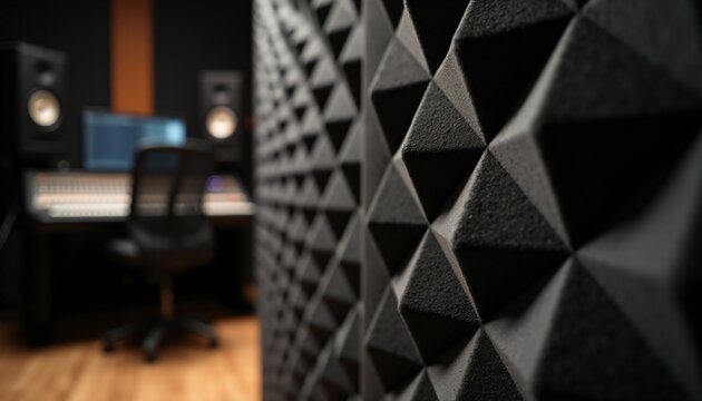 Macro closeup of black pyramid acoustic foam texture on studio wall