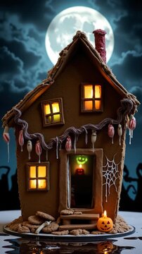 Spooky Gingerbread House with Glowing Pumpkin and Full Moon