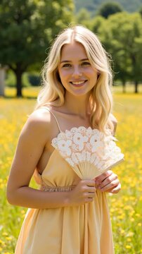 Smiling blonde woman holding a lace fan in a yellow flower field