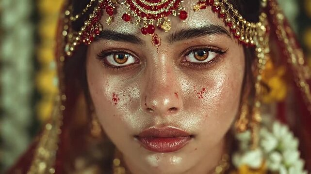 Close-up of woman in gold headpiece with red jewels.