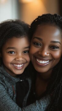 Close-up of a smiling Black woman and her daughter laughing together