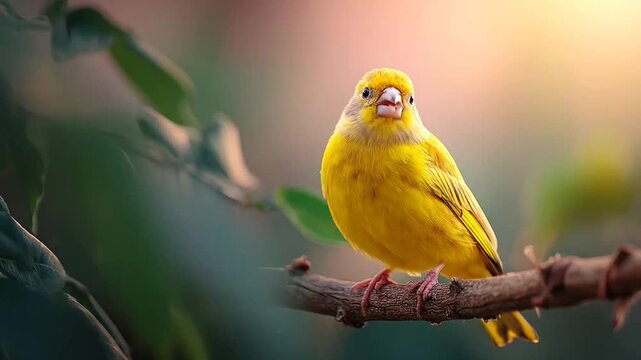 Yellow canary bird perched on a branch.