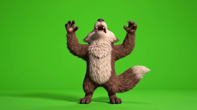 3D Animated Cartoon Fox Character Celebrating and Howling on Green Screen.